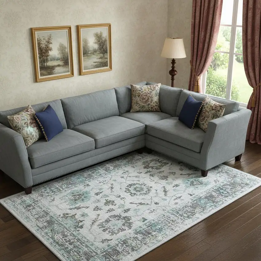 Teal Gray And Charcoal Oriental Washable Area Rug With UV Protection Photo 2