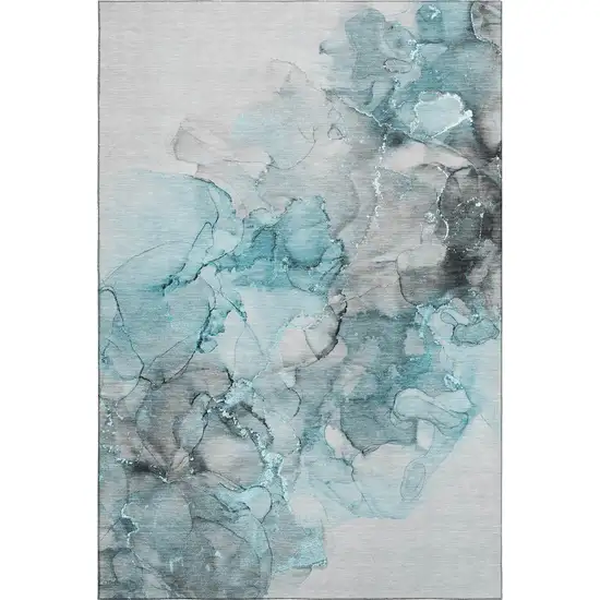 Teal Gray And Ivory Abstract Washable Area Rug With UV Protection Photo 8