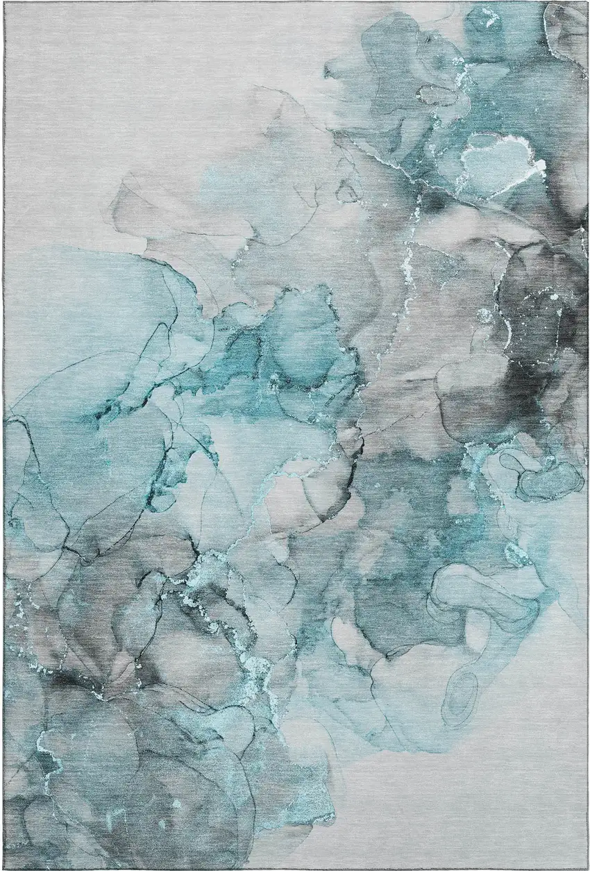 Teal Gray And Ivory Abstract Washable Area Rug With UV Protection Photo 8