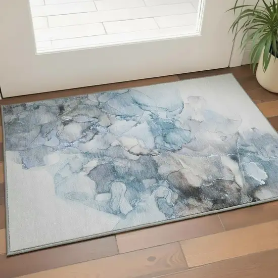 Teal Gray And Ivory Abstract Washable Area Rug With UV Protection Photo 2