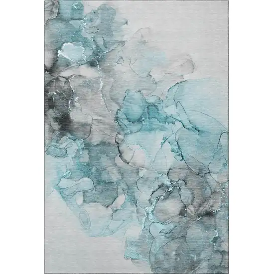 Teal Gray And Ivory Abstract Washable Area Rug With UV Protection Photo 3