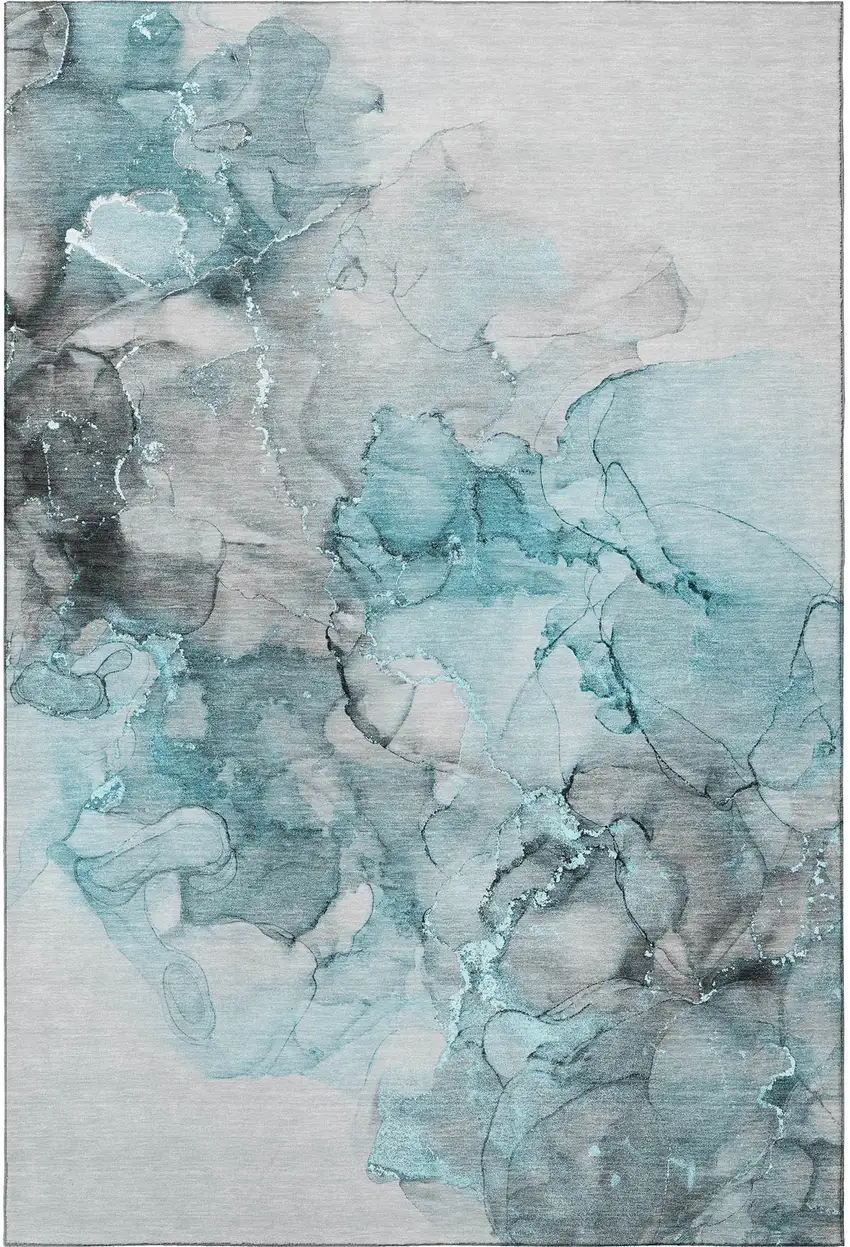 Teal Gray And Ivory Abstract Washable Area Rug With UV Protection Photo 3