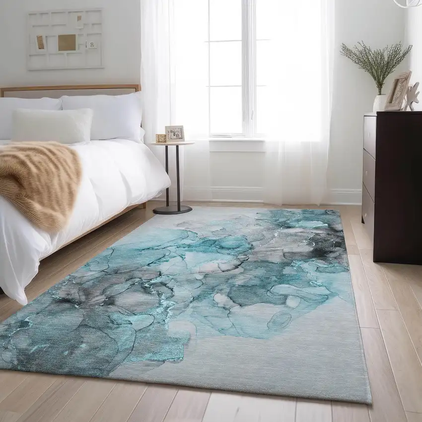 Teal Gray And Ivory Abstract Washable Area Rug With UV Protection Photo 6