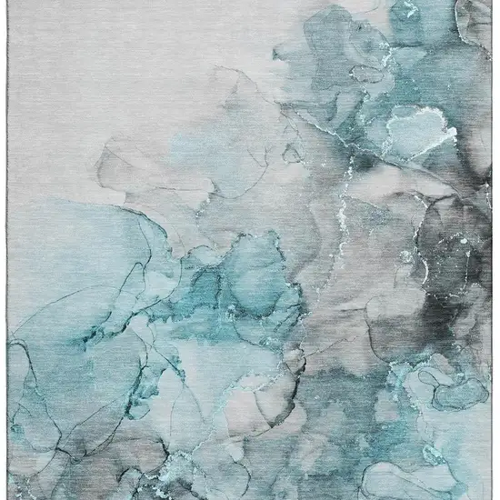 Teal Gray And Ivory Abstract Washable Area Rug With UV Protection Photo 5