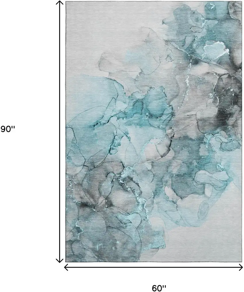 Teal Gray And Ivory Abstract Washable Area Rug With UV Protection Photo 3