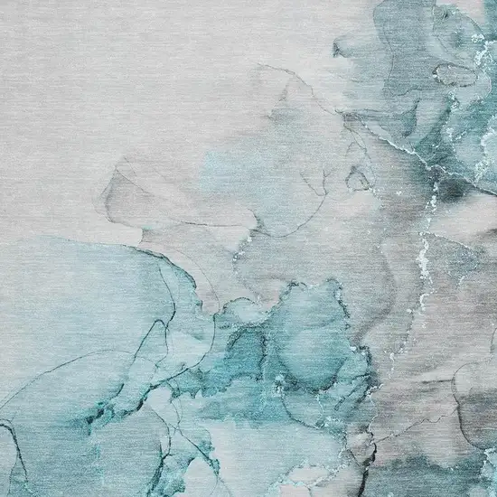 Teal Gray And Ivory Abstract Washable Area Rug With UV Protection Photo 3