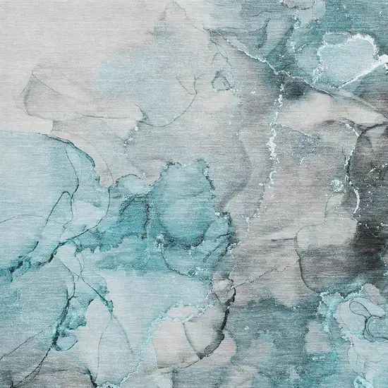Teal Gray And Ivory Abstract Washable Area Rug With UV Protection Photo 3