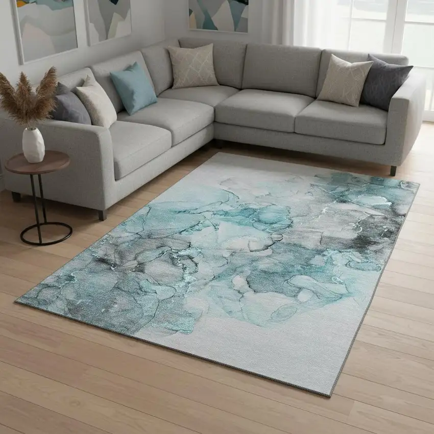 Teal Gray And Ivory Abstract Washable Area Rug With UV Protection Photo 1