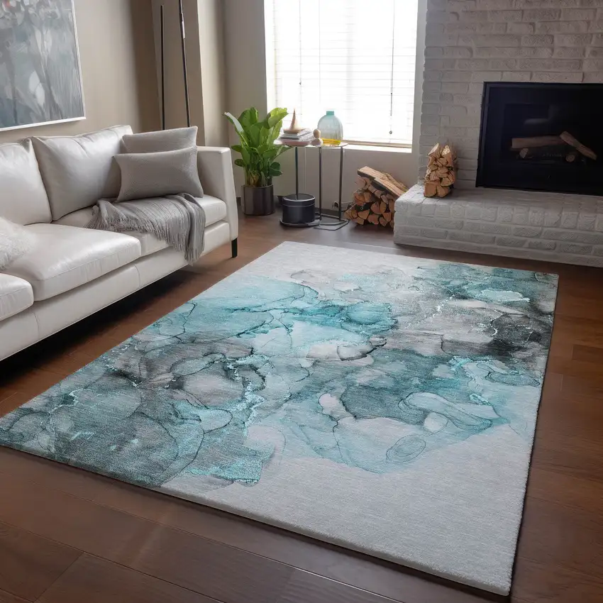 Teal Gray And Ivory Abstract Washable Area Rug With UV Protection Photo 6