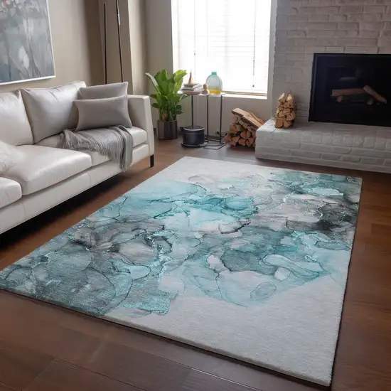 Teal Gray And Ivory Abstract Washable Area Rug With UV Protection Photo 6