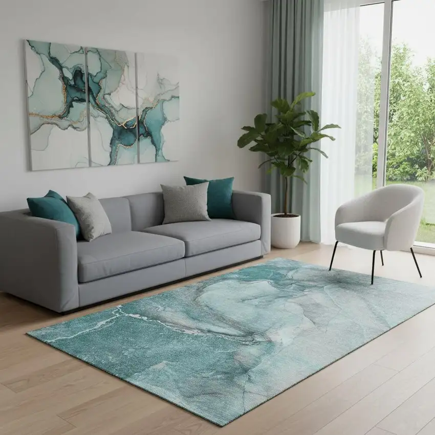 Teal Gray And Ivory Abstract Washable Area Rug With UV Protection Photo 1