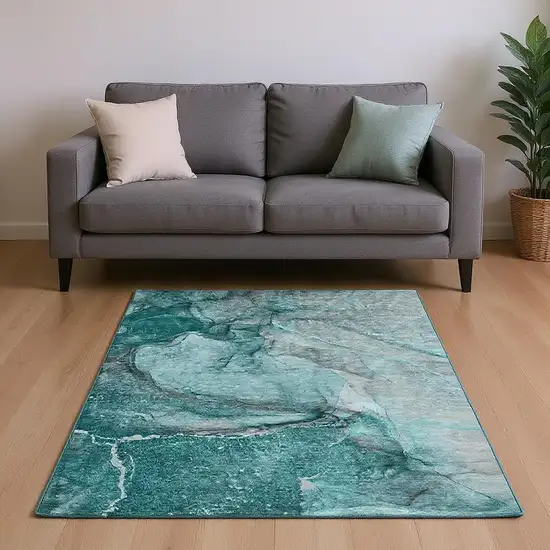 Teal Gray And Ivory Abstract Washable Area Rug With UV Protection Photo 2