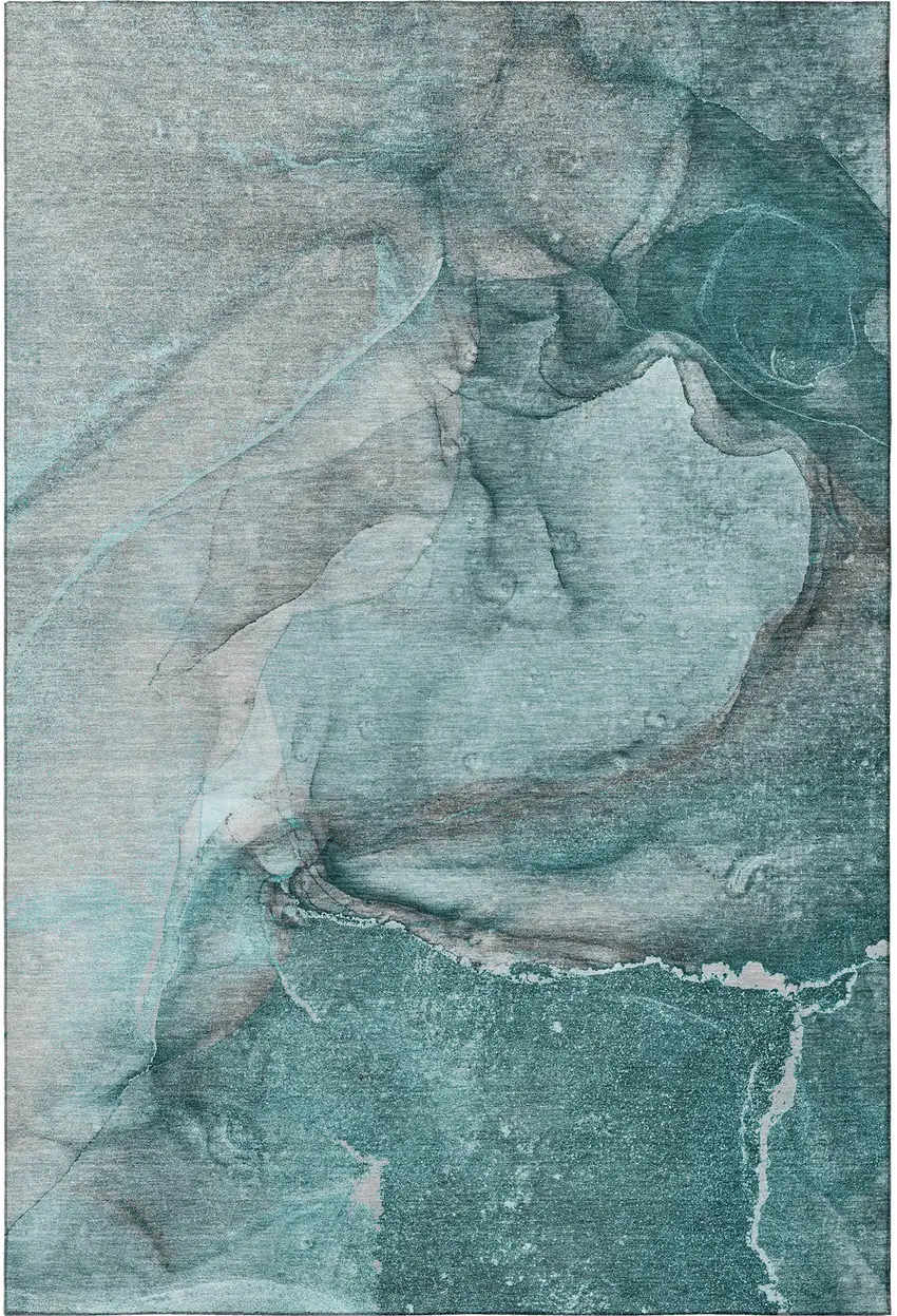 Teal Gray And Ivory Abstract Washable Area Rug With UV Protection Photo 4