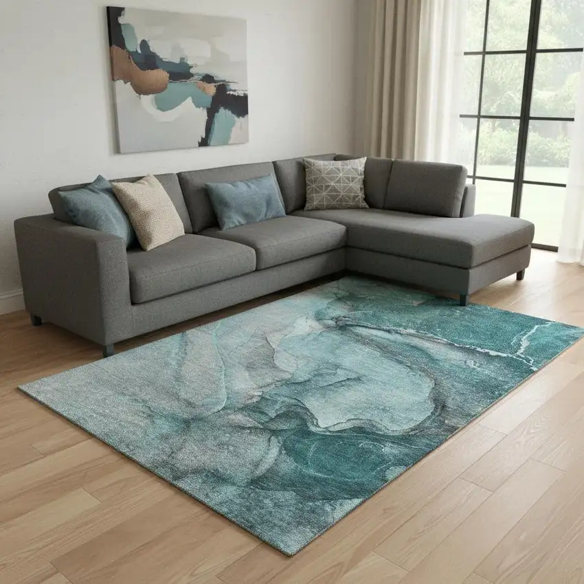 Teal Gray And Ivory Abstract Washable Area Rug With UV Protection Photo 1