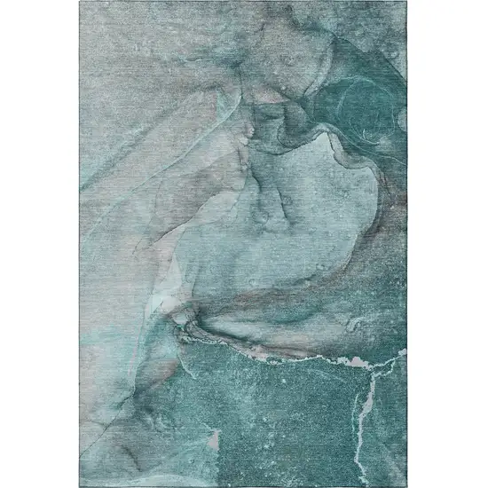 Teal Gray And Ivory Abstract Washable Area Rug With UV Protection Photo 4