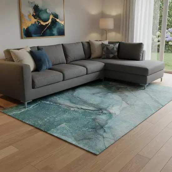 Teal Gray And Ivory Abstract Washable Area Rug With UV Protection Photo 1