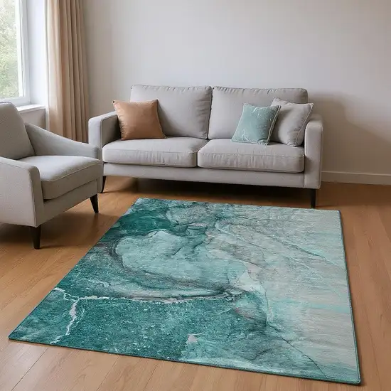 Teal Gray And Ivory Abstract Washable Area Rug With UV Protection Photo 2