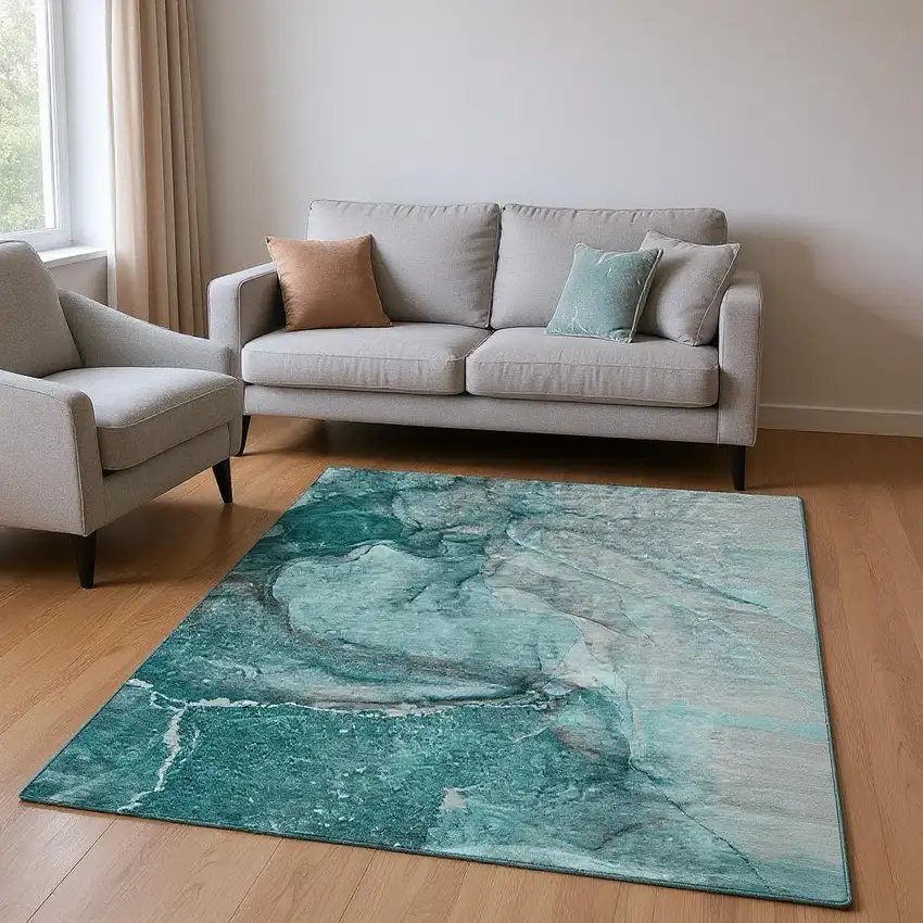 Teal Gray And Ivory Abstract Washable Area Rug With UV Protection Photo 2