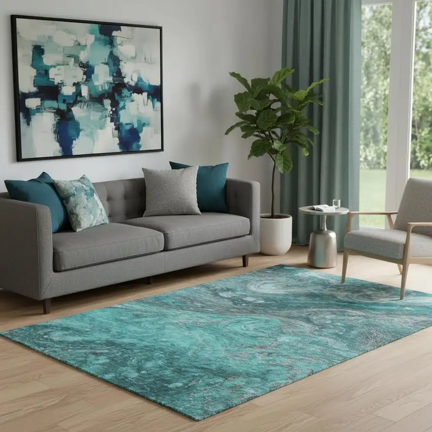 Teal Gray And Ivory Abstract Washable Area Rug With UV Protection Photo 1