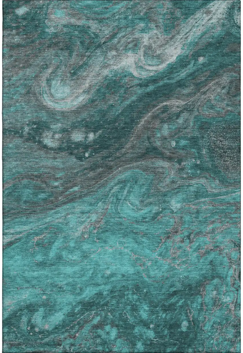 Teal Gray And Ivory Abstract Washable Area Rug With UV Protection Photo 2