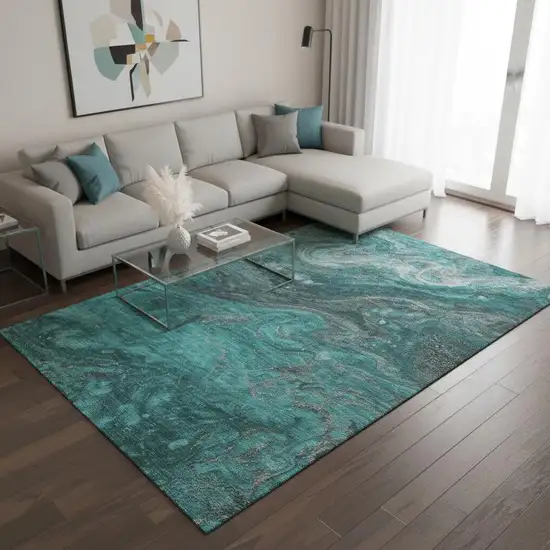 Teal Gray And Ivory Abstract Washable Area Rug With UV Protection Photo 2