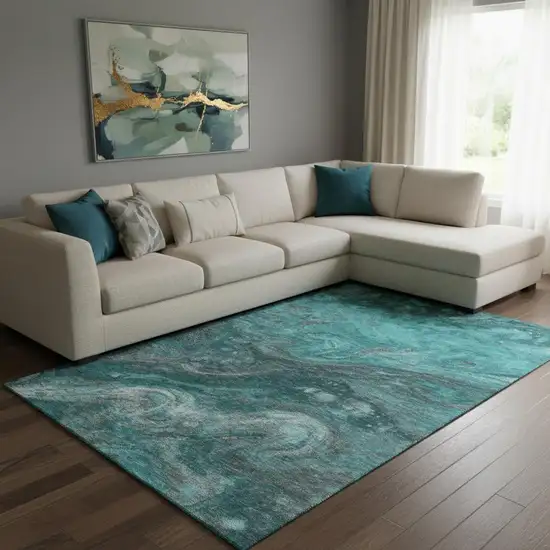 Teal Gray And Ivory Abstract Washable Area Rug With UV Protection Photo 1