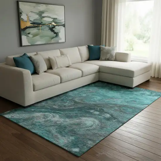 Teal Gray And Ivory Abstract Washable Area Rug With UV Protection Photo 1
