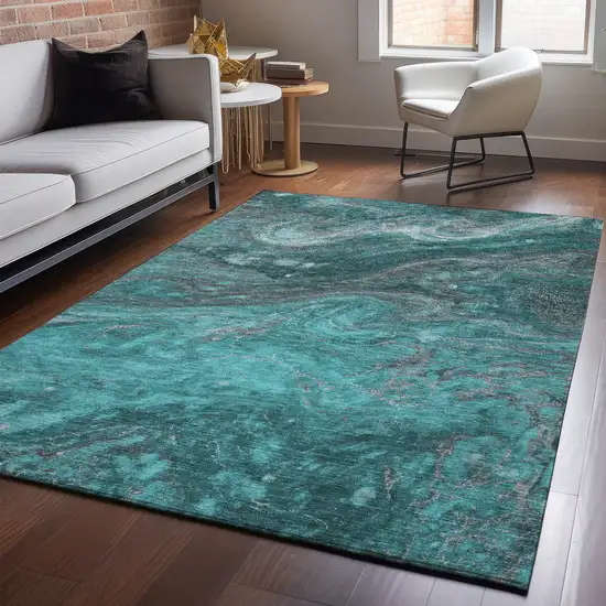 Teal Gray And Ivory Abstract Washable Area Rug With UV Protection Photo 3