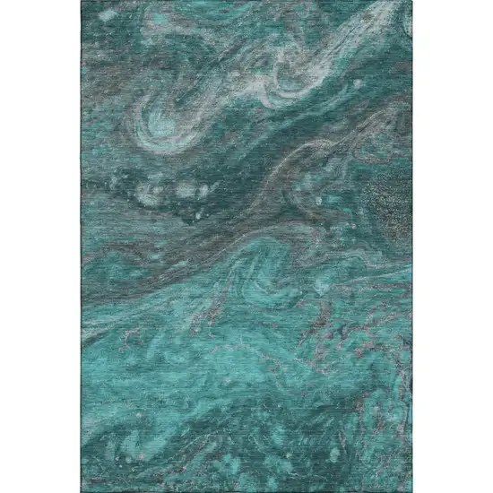 Teal Gray And Ivory Abstract Washable Area Rug With UV Protection Photo 1