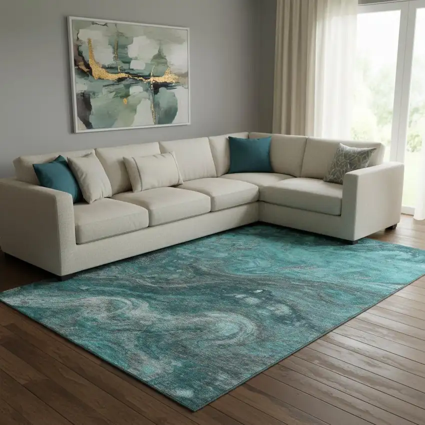 Teal Gray And Ivory Abstract Washable Area Rug With UV Protection Photo 1