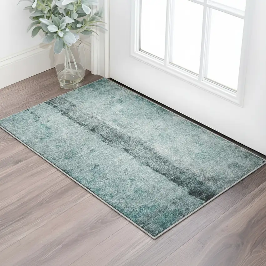 Teal Gray And Ivory Abstract Washable Area Rug With UV Protection Photo 2