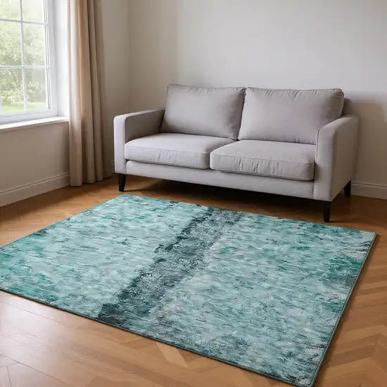 Teal Gray And Ivory Abstract Washable Area Rug With UV Protection Photo 2