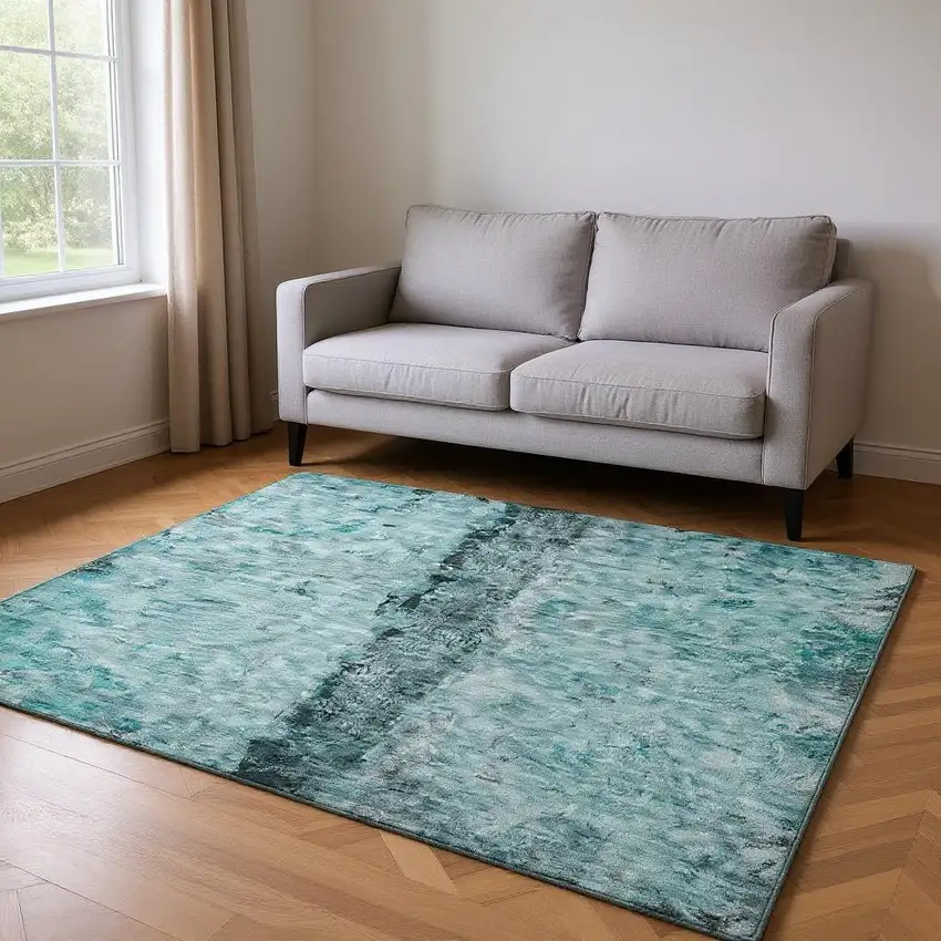 Teal Gray And Ivory Abstract Washable Area Rug With UV Protection Photo 2