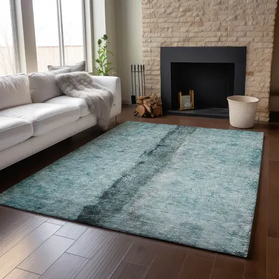 Teal Gray And Ivory Abstract Washable Area Rug With UV Protection Photo 4