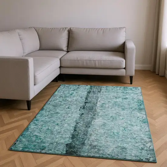 Teal Gray And Ivory Abstract Washable Area Rug With UV Protection Photo 2