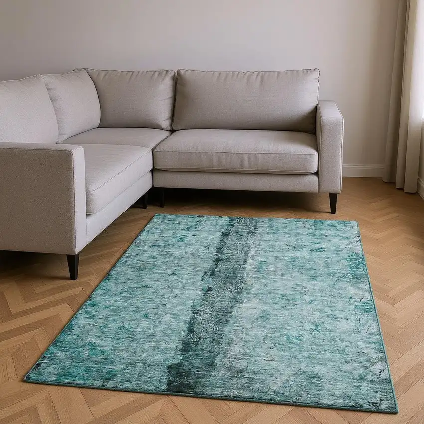 Teal Gray And Ivory Abstract Washable Area Rug With UV Protection Photo 2