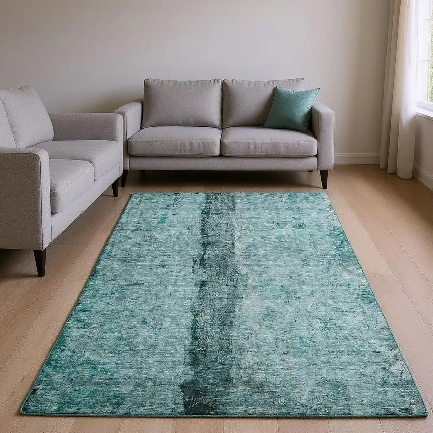 Teal Gray And Ivory Abstract Washable Area Rug With UV Protection Photo 2