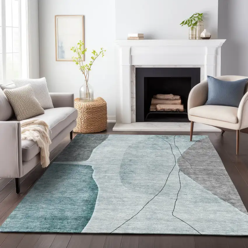 Teal Gray And Ivory Abstract Washable Area Rug With UV Protection Photo 4
