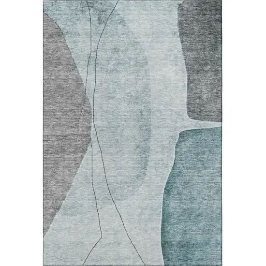 Teal Gray And Ivory Abstract Washable Area Rug With UV Protection Photo 3