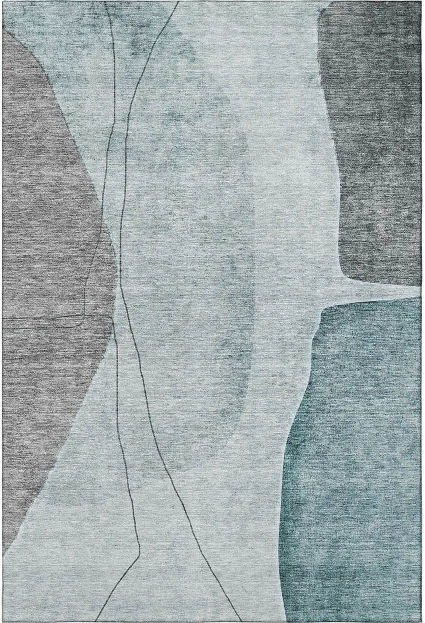 Teal Gray And Ivory Abstract Washable Area Rug With UV Protection Photo 3