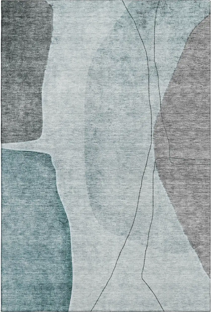 Teal Gray And Ivory Abstract Washable Area Rug With UV Protection Photo 1
