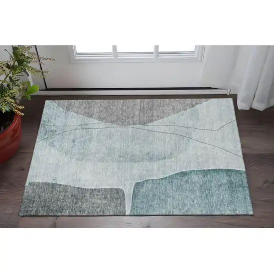 Teal Gray And Ivory Abstract Washable Area Rug With UV Protection Photo 2