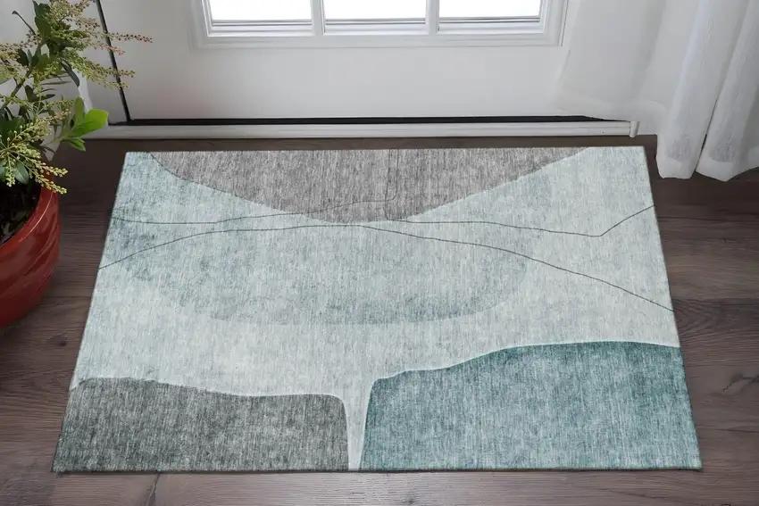 Teal Gray And Ivory Abstract Washable Area Rug With UV Protection Photo 2