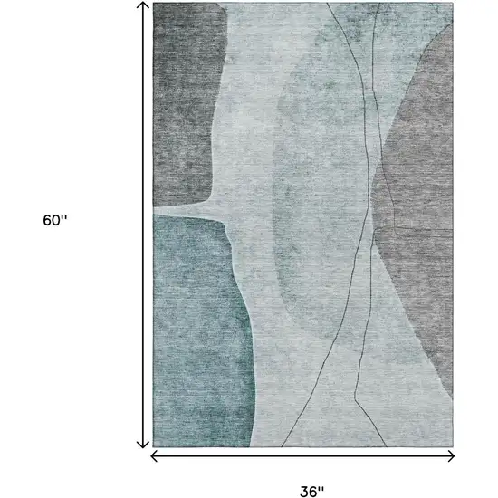 Teal Gray And Ivory Abstract Washable Area Rug With UV Protection Photo 6