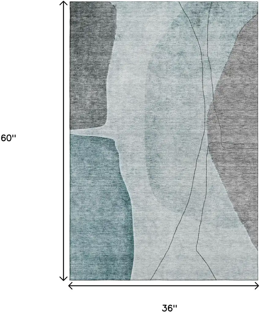 Teal Gray And Ivory Abstract Washable Area Rug With UV Protection Photo 6