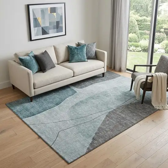 Teal Gray And Ivory Abstract Washable Area Rug With UV Protection Photo 1
