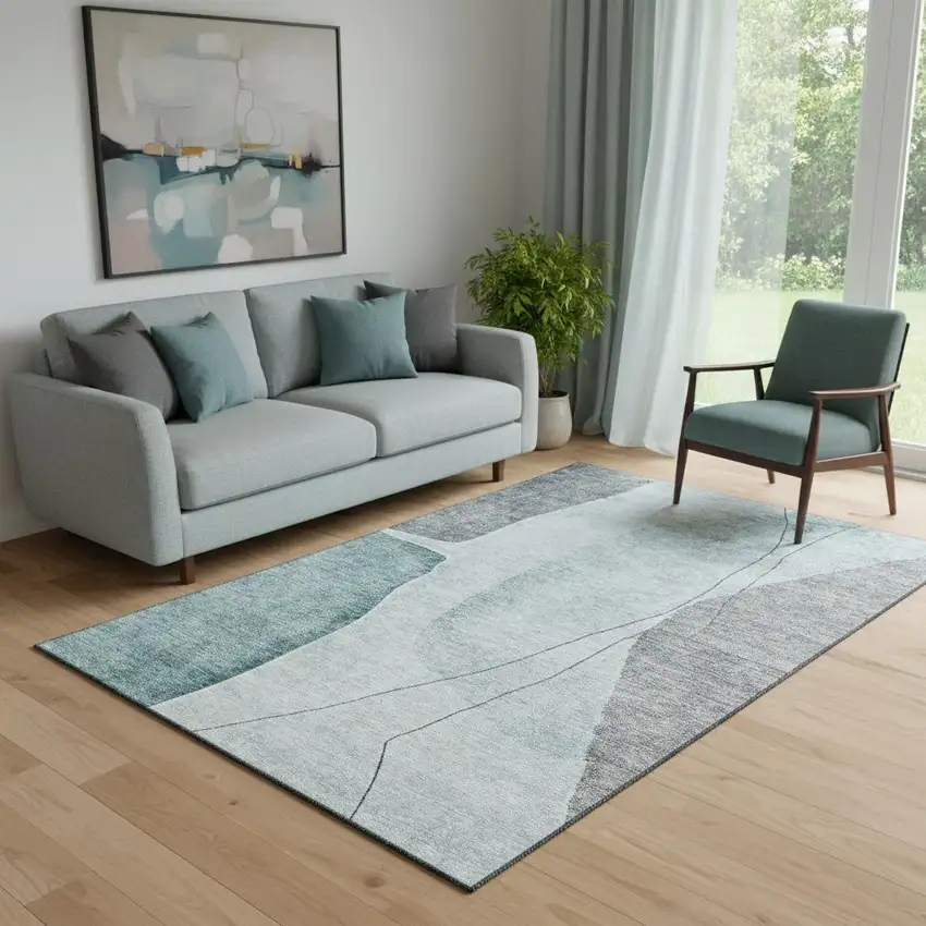 Teal Gray And Ivory Abstract Washable Area Rug With UV Protection Photo 1