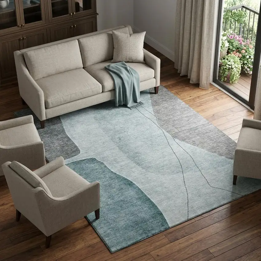 Teal Gray And Ivory Abstract Washable Area Rug With UV Protection Photo 1
