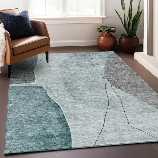 Teal Gray And Ivory Abstract Washable Area Rug With UV Protection Photo 4