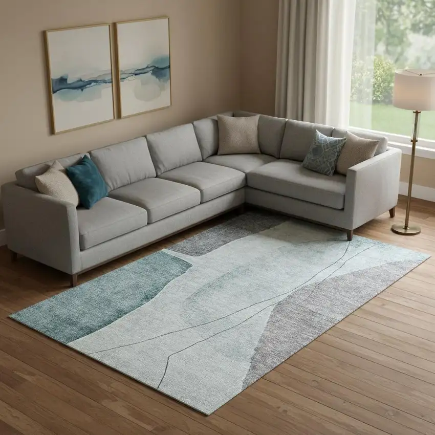 Teal Gray And Ivory Abstract Washable Area Rug With UV Protection Photo 2